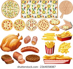 A vector cartoon illustration of a set of unhealthy fast food items