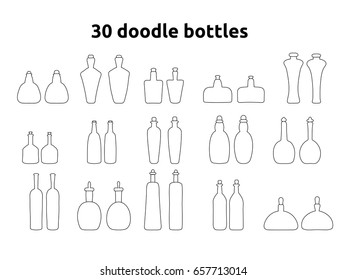 a vector cartoon illustration set;  various hand drawn glass bottle contours; design elements for a pub, bar; chemistry; perfumery; shop; restaurant; laboratory; party