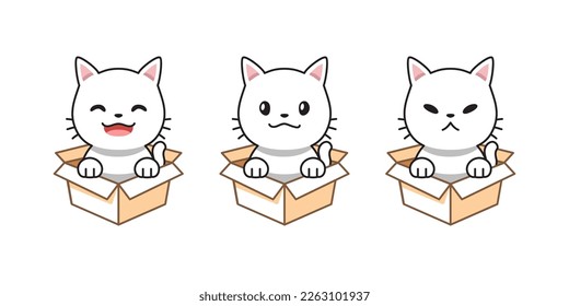 Dibujo de dibujos animados vectoriales de gato blanco que muestra diferentes emociones en cajas de cartón para el diseño.