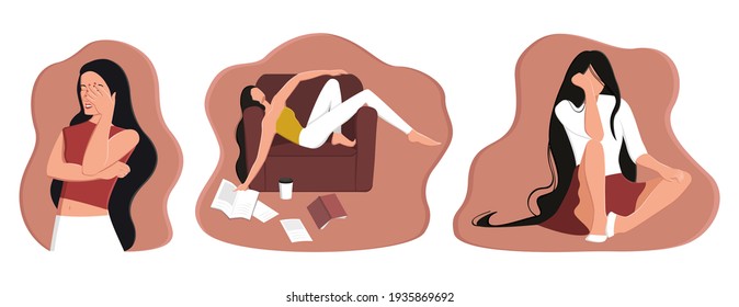 Vector cartoon illustration with set of young women in different emotional states. Concept fatigue, burnout, frustration, shame, discouragement, irritation, embarrassment, thoughtfulness, reflection,