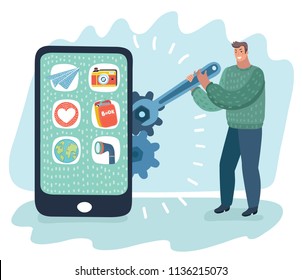 Vector cartoon illustration of setup and repair smartphone gadget by engineer. Man is installing software applications and servicing smart phone. Modern outline concept