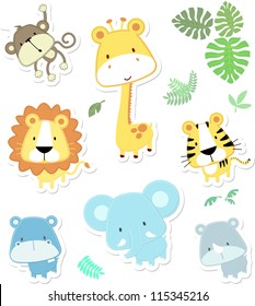 vector cartoon illustration of seven baby animals and jungle leaves, individual objects very easy to edit, ideal for childs decoration