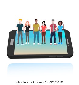 vector cartoon illustration of several people from various races and nations standing lined up from the smartphone screen. describe friendships or meetings with the help of friendship applications.
