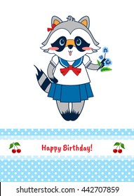 Vector cartoon illustration. Shabby, tender, light design, sweet style. Cute raccoon girl print, blue lace border with white line, cherries. Happy birthday greeting card, postcard, template