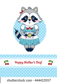 Vector cartoon illustration. Shabby, tender, light design, sweet style. Cute raccoon girl print, blue lace border with white line, cherries. Happy Mother day greeting card, postcard, template