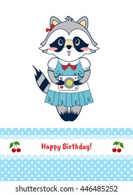Vector cartoon illustration. Shabby, tender, light design, sweet style. Cute raccoon girl print, blue lace border with white line, cherries. Happy birthday greeting card, postcard, template