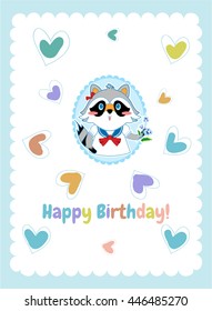 Vector cartoon illustration. Shabby, tender, light design, sweet style. Cute raccoon girl print with white frame and colored hearts. Happy birthday greeting card, postcard, template