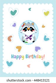 Vector cartoon illustration. Shabby, tender, light design, sweet style. Cute raccoon girl print with white frame and colored hearts. Happy birthday greeting card, postcard, template