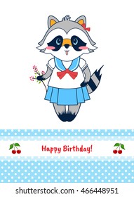 Vector cartoon illustration. Shabby, tender, light design, sweet style. Cute raccoon girl print, blue lace border with white line, cherries. Happy birthday greeting card, postcard, template