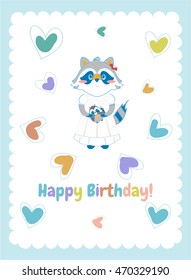 Vector cartoon illustration. Shabby, tender, light design, sweet style. Cute raccoon girl print with white frame and colored hearts. Happy birthday greeting card, postcard, template