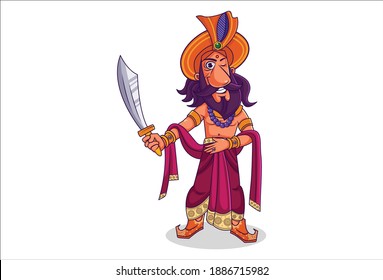 Vector cartoon illustration. Shakuni is holding the sword in hand. Isolated on white background.