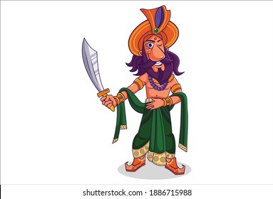 Vector cartoon illustration. Shakuni is holding the sword in hand. Isolated on white background.