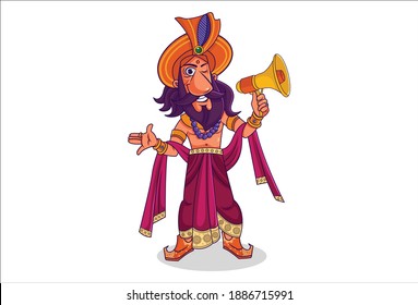 Vector cartoon illustration. Shakuni is holding the megaphone in hand. Isolated on white background.