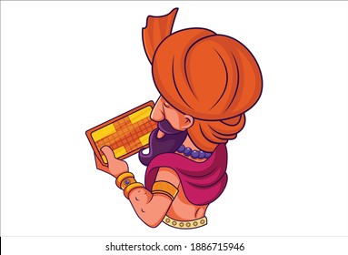 Vector cartoon illustration. Shakuni is looking map. Isolated on white background.
