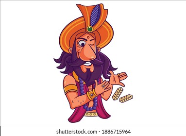 Ilustración de dibujos animados. Shakuni está tirando dados. Aislado sobre fondo blanco.