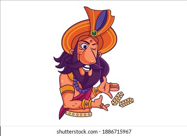 Vector cartoon illustration of shakuni is throwing dice. Isolated on white background.