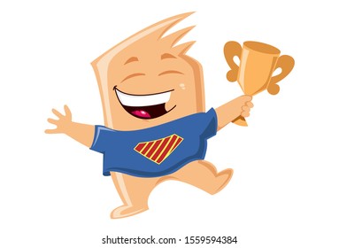 Vector cartoon illustration of sharpie monster holding trophy in hand. Isolated on white background.