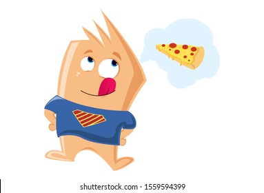 Vector cartoon illustration of sharpie monster thinking about pizza. Isolated on white background.