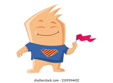 Vector cartoon illustration of sharpie monster holding flag in hand. Isolated on white background.