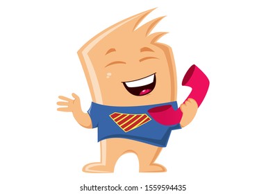 Vector cartoon illustration of sharpie monster holding telephone in hand. Isolated on white background.