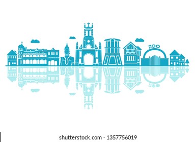 Vector cartoon illustration of Shimla skyline. Isolated on white background.