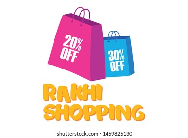 Vector cartoon illustration of shopping bag. Lettering rakhi shopping text. Isolated on white background.