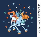 Vector cartoon illustration of shopping cart. Grocery purchases, products. Natural food, organic fruits and vegetable. Department store goods over dark backround