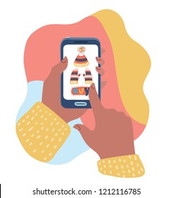 Vector cartoon illustration of Shopping online concept. Smartphone in hands make purchases on internet. Online store of winter accessories. Finger push a button of purchase.