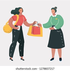 Vector cartoon illustration of Shopping women talk with consultant.