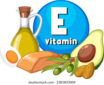 Eine Vektorgrafik, die eine Vielzahl von Vitamin-E-reichen Lebensmitteln zeigt