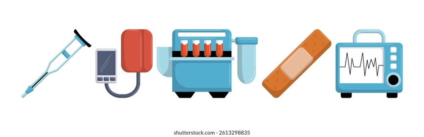 Vector cartoon illustration showcasing various medical devices such as crutches, blood pressure monitor, blood testing machine, band-aid and EKG monitor.