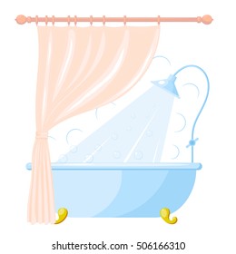 Vector cartoon illustration of shower tray and a curtain in bathroom interior