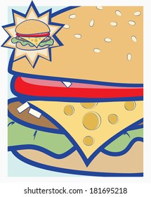 Vector cartoon illustration showing close up detail of a delicious cheeseburger on a sesame bun with a starbust inset showing the whole burger