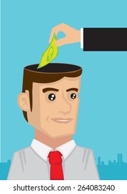 Vector cartoon illustration showing a hand putting money into the head of a business executive. Concept for business investment in knowledge and human resource.