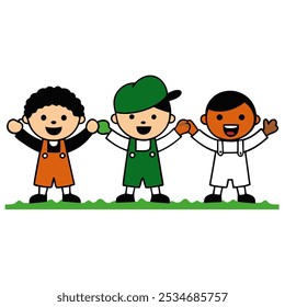 Vector cartoon illustration showing three cheerful children holding hands outdoors, symbolizing unity and friendship.