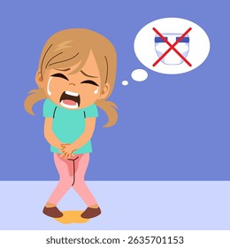Vector cartoon illustration showing a young girl peeing and thinking about her diaper, representing a key moment in potty training and childhood development
