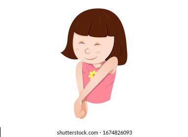 Vector cartoon illustration of shy girl. Isolated on white background.