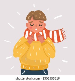 Vector cartoon illustration of Sick boy with flu in scarf. Kid with throat sore throat on white background.