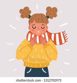 Vector cartoon illustration of Sick girl in scarf suffering. Sore throat, Human kids character needing medical help on white isolated background.