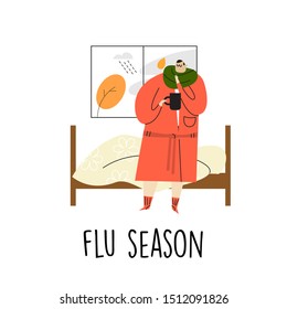 Vector cartoon illustration of sick man in a robe staying near his bad and suffering from sore throat. Flu season.
