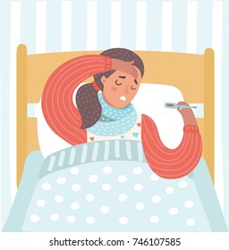 Vector cartoon illustration of sick woman with flu taking her temperature in bed