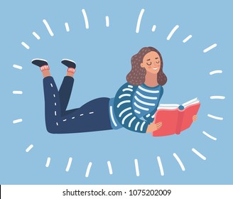 Vector cartoon illustration of side view of woman lying on stomach and reading book on isolated background.