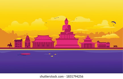 Vector cartoon illustration of the Sikkim skyline. Isolated on white background.