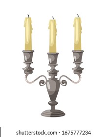 Vector cartoon illustration of silver candelabra candles in vintage style. Candles in classic candlesticks. Design element for design of ancient interior of castles, traditional wedding and ceremonies