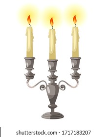 Vector cartoon illustration of silver candelabra candles in vintage style. Candles in classic candlesticks. Design element for design of ancient interior of castles, traditional wedding and ceremonies