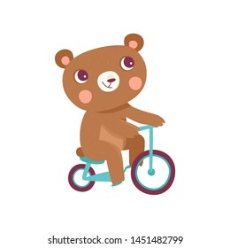 Vector cartoon illustration in simple childish style - bear riding bicycle. Design element for greeting card or stationery for kids and children