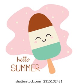 vector cartoon illustration in simple childish style with ice cream,cute popsicle with text hello summer for greeting card design, flat style