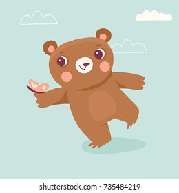 Vector cartoon illustration in simple childish style with bear - nursery room print template, design element for greeting card or stationery for kids and children - happy cartoon character