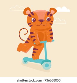 Vector cartoon illustration in simple childish style with tiger - nursery room print template, design element for greeting card or stationery for kids and children - happy cartoon character