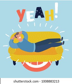 Vector cartoon illustration of simple cartoon of a happy man taking a nap on sofa. Laying, relaxing, recharge, resting theme. Yeah! lettering.